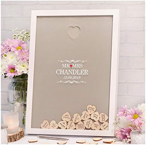 Personalised Wedding Drop Box Guest Book Alternative - Custom Heart Drop Guest Book Keepsake for Wedding - White or Black Frame - A4 or A3 Size - 45 or 90 Wooden Birch Hearts Included (A4 White)