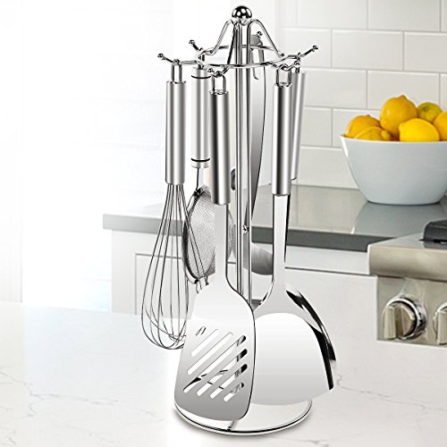 SINGAYE Utensil Stand Kitchen Tools Rack 304 Stainless Steel Holders 16.1 inch, 6 Hooks for Spoon,Soup Ladle,Pasta Server, Spatula etc.