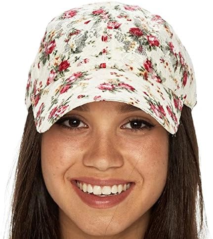 Lacey Hats Women's Lace Baseball Cap - White With Rose Floral