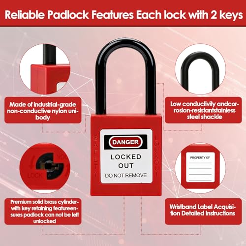 10 Pack Safety Lockout Padlocks with Keys, Lockout Padlocks with 2-Sided Labels and 10 Keys for Lock Out Tag Out Stations and Devices, Industrial, Electrical, Hydraulic and Pneumatic Applications(Red)