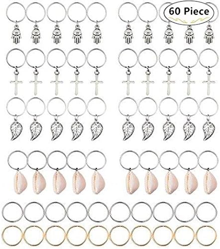 60 Pieces Hair Braid Rings, Carnatory Shell Hands Leaves Star Hair Charms Pendant Rings Set, Hair Loops Clips Headband Hair Accessories for Pierced Braid &amp; Dreadlock Decoration,Gold and Silver