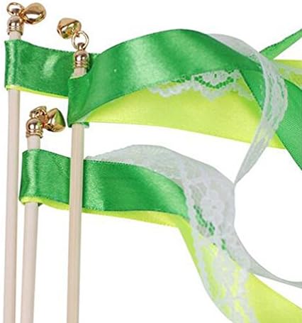 Crystallove 10pcs Color Lace Ribbon Streamers with Bells Fairy Wand Sticks for Wedding Party Celebration (Green)