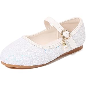 Girls Dress Shoes Flats Mary Jane Glitter Wedding Party Princess Shoes for Toddler/Little Kid/Big Kid White