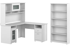 BUSH BUSINESS FURNITURE Bush Furniture Cabot 60W L Shaped Computer Desk with Hutch and 5 Shelf Bookcase in White
