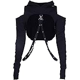AULKEEP Gothic Punk Long Sleeve Cold Shoulder Hooded Crop Tops Buckle Strap Hoodie Sweatshirt