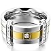 INBLUE Men's Stainless Steel Ring Band CZ Gold Silver Two Tone Wedding