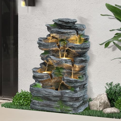 7-Tiers Cascading Rock Water Fountain Outdoor, Garden Waterfalls