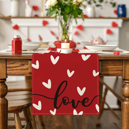 Valentines Table Runners With Red Heart Love, Table Runner, 120x33 Cm Linen Table Cloth,For Valentine'S Day Party Decor, Wedding Anniversary Birthday Decor Holiday Home Decorations (D)