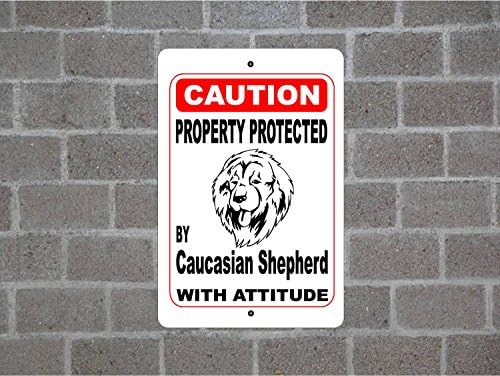 Teisyouhu Quote Aluminum Sign Property Protected By Caucasian Shepherd Dog Guard Warning Breed Pet Sign for Yard Garage Driveway House Fence 12 x 18