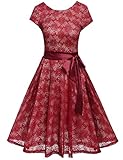 Meaneor Ladies Scoop Neck Cap Sleeve Casual Pullover Lace Skater Dress (Burgady/S)