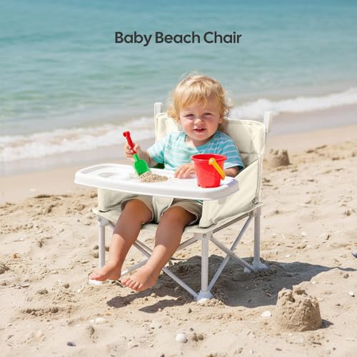 Portable Baby Chair, Foldable Toddler Booster Seat, with Removable Tray, Canopy and Safety Harness, Baby Sit up Chair, Portable Seat for Kitchen Chair (Beige)