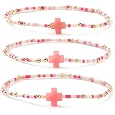 Opalencian Cross Gold Tiny Blue Rice Beaded 3Pcs Stack Bracelets Sets for Women,Dainty Stackable Small Beads Cute Bracelet Healing Stretch Trendy Jewelry Friendship Accessories Gift