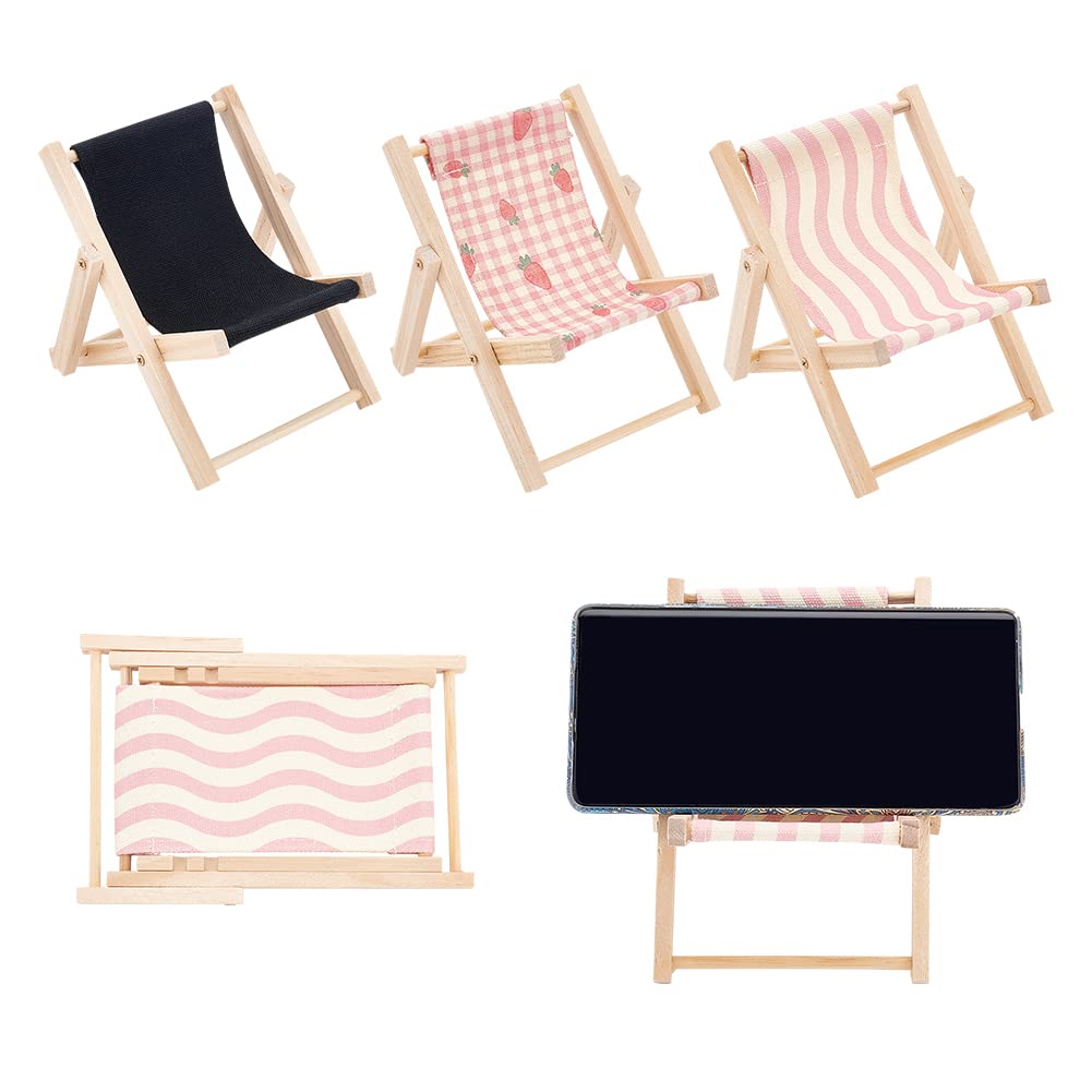 WEBEEDY 3pcs Cell Phone Holder Wood Canvas Beach Deck Chair Foldable Cell Phone Holder 3 Styles Mini Folding Chair Cell Phone Stand Desktop Multifunction Mobile Phone Holder