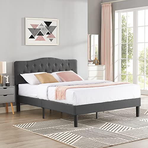 VECELO Queen Size Bed Frame Upholstered Platform with Tufted Adjustable Headboard/Mattress