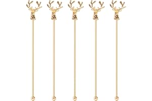Mewuthede Swizzle Sticks,5 Pcs Stainless Steel Reusable Deer Head Shape Cocktail Stirrer Coffee Beverage Stir Sticks for Cocktail, Whiskey, Hot Cocoa, Creamer (Gold)