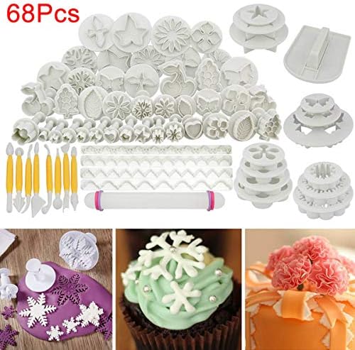 TECHSON 68 PCS Fondant Cutter Tool Set, Homemade Cake Icing Decorating Supplies, (Flower Patterns Mold, Smoother, Embosser, Rolling Pin, Sugar Craft)