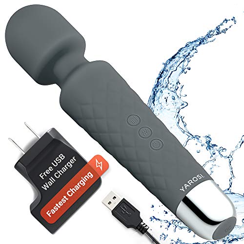 Cordless Wand Massager by Yarosi - Strongest Therapeutic Vibrating Power - Best Rated for Travel Gift - Magic Stress Away - Perfect for Muscle Aches and Personal Sports Recovery - USB - Mini - Grey
