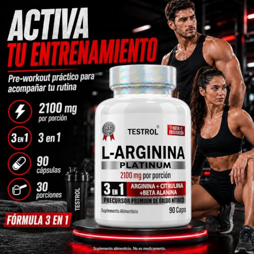 Arginina Platinum 2100mg por porción | L Arginina + L Citrulina + Beta Alanina | Pre Workout | Pre Entreno sin Cafeina | Precursor de Oxido Nítrico | Testrol TSN (90 Cápsulas).