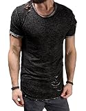 XARAZA Men's Short Sleeve Crew Neck Slim Fit Fitness T-Shirt Tops With Ripped Holes (US-XL, Black)