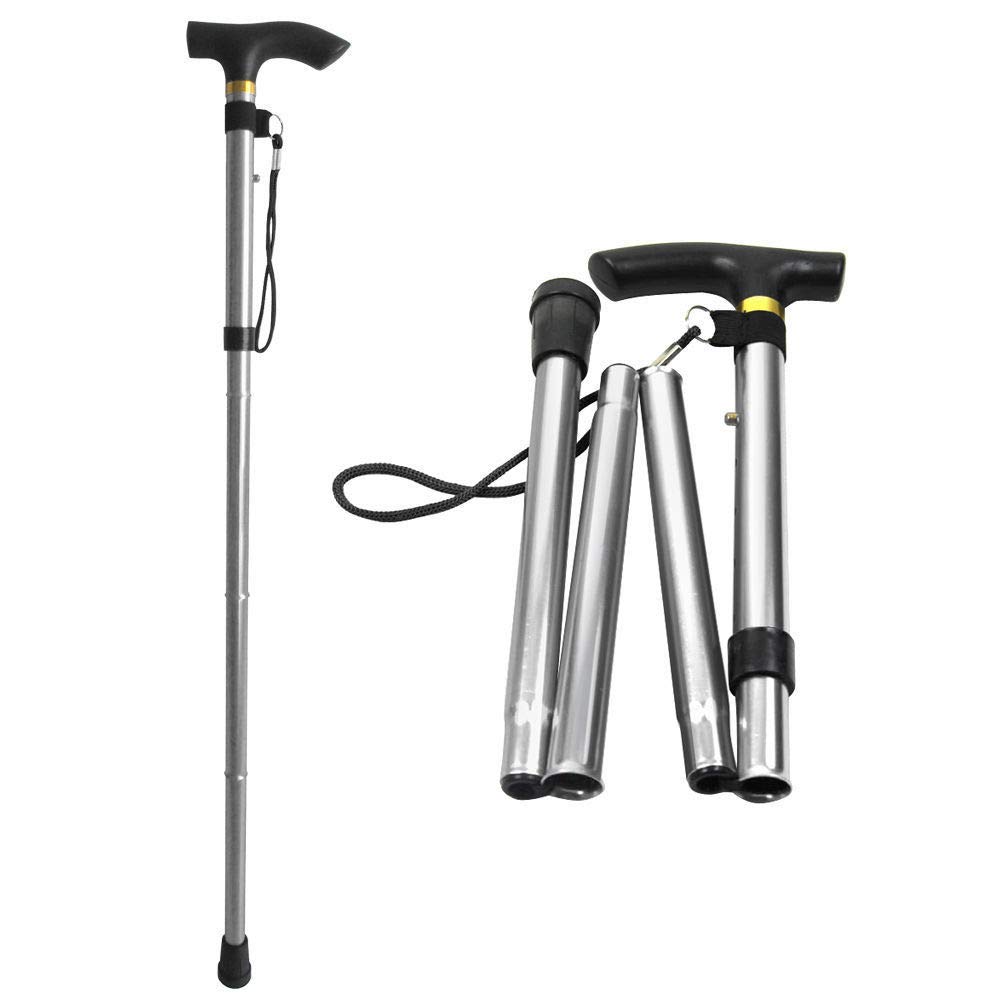 Silver Aluminum Walking Stick Metal Cane Adjustable Folding Collapsible Travel Hiking
