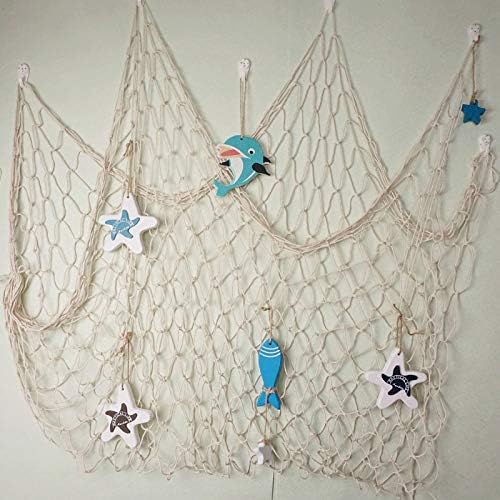 Bilipala Fishing Net Decor, Fishing Net Wall Hangings Decor with Starfish, Little Fish and Dolphin Ornaments, Rice White