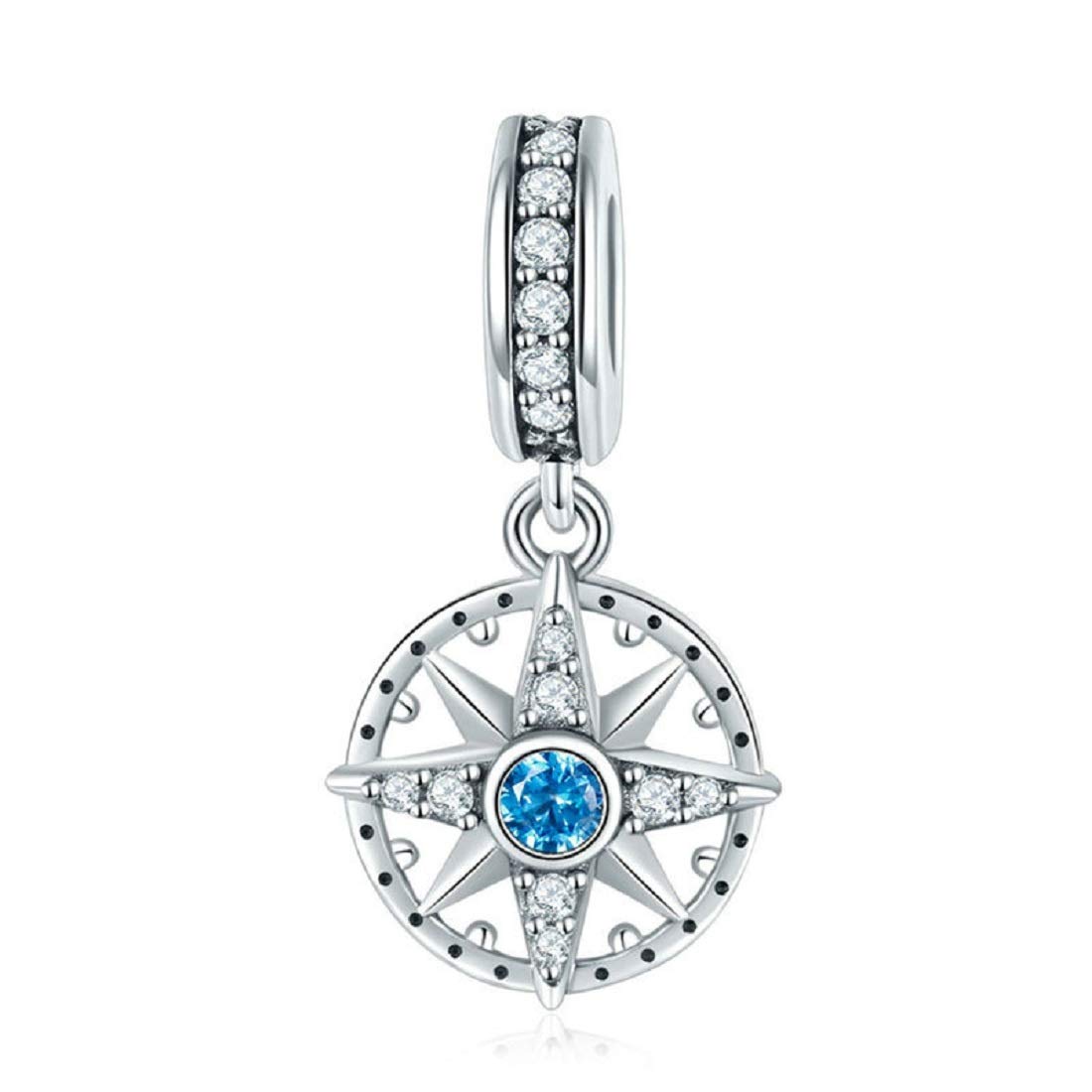 FeatherWish Boat Ship Sailing Compass Star Travel Holiday Ocean Sea Dangle Pendant Charm 925 Sterling Silver With Cubic Zirconia Compatible With Pandora Bracelet (Compass Dangle)