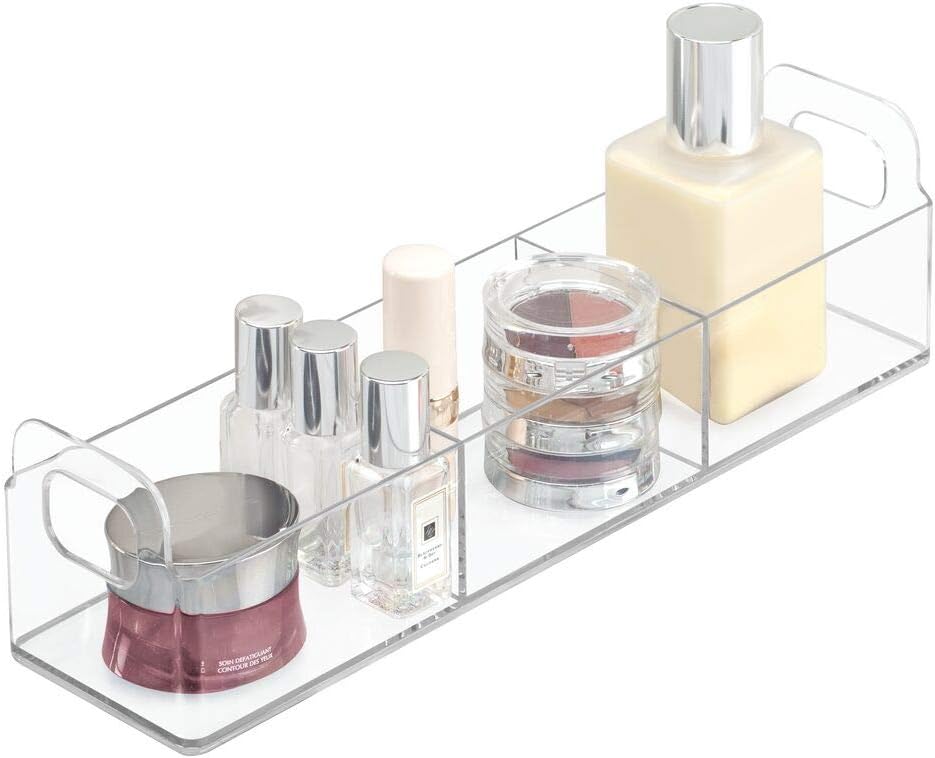 Amazon Com Mdesign Small Plastic Bathroom Vanity Cabinet Countertop Organizer Storage Station Makeup Holder Holds Eyeshadow Palettes Nail Polish Cotton Swabs Vitamins First Aid 12 Long Clear Home Kitchen