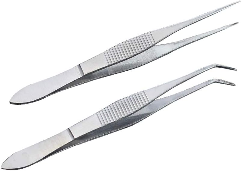 2 PCS 4 Inch Professional Stainless Steel Dental Straight Forceps and Curved Tip Tweezers Multifunction Eyebrow Cosmetic Tools DIY Accessories Extractor Clamp