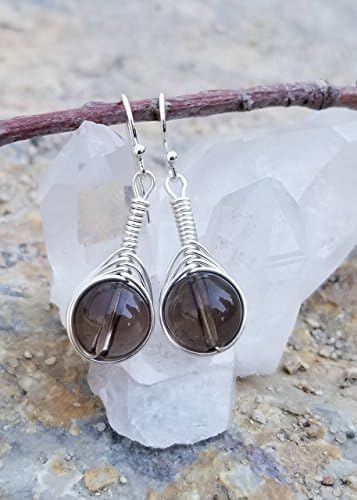 Smoky Quartz Bead Silver Wire Wrap Handmade Chakra Earrings