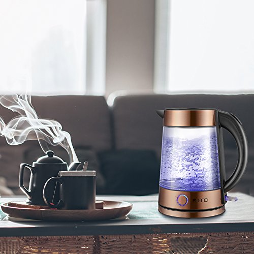PLEMO Electric Kettle, LED-Lit Fast Water Boiler, Quick-Boil Glass Tea Kettle with Atmospheric Illumination, 1500 W Enclosed Heating Element and Cool Touch Handle, 1.7 L