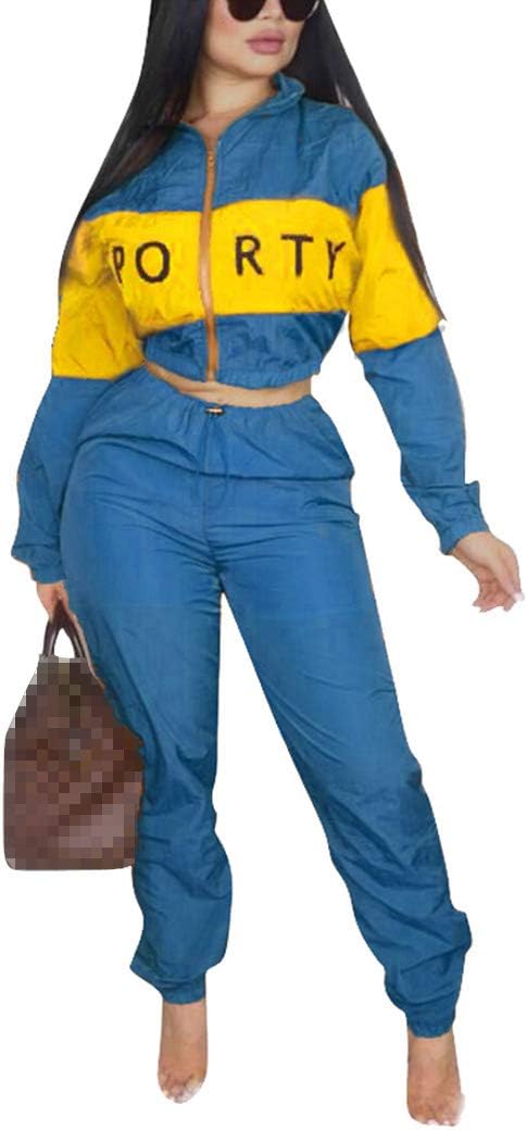 Womens Letter Print 2 Piece Outfits Patchwork Windbreaker Tracksuit Set