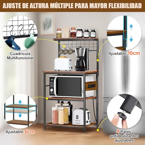 FURRIFIC Alacenas para Cocina con Estación De Carga, Muebles para Cocina con Altura Regulable, Estante para Cocinas para Horno Microondas, 6 Ganchos, 4 Tipos de Regulación de Altura, Sala, Oficina...