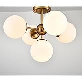 DIRYZON Mid Century Modern 5-Light Semi Flush Mount Ceiling Light,Brass Sputnik Ceiling Light with Opal Globe Glass for Livin