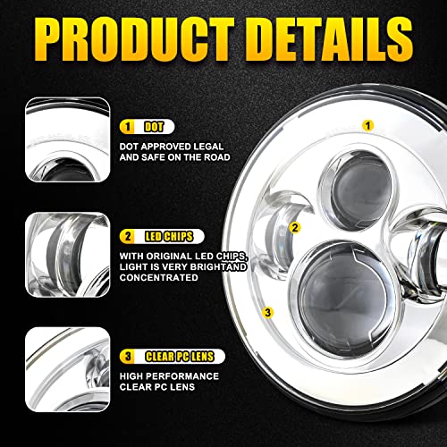 Dot Appoved Chrome 7inch LED Headlight with 4.5inch Matching Chrome Passing Lamps Compatible with H arley Motorcycles with Adapter Ring and wire adapter