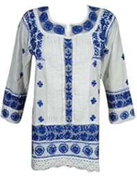 Mogul Womens Bohemian Tunic Dress Cotton Blue Chikankari Embroidered Indian Shirt Top