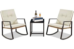 YIYAN 3 Piece Bistro Set Outdoor Patio Rocking Wicker Chairs with Washable Cushion and Coffee Table (Light Beige)