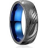 Vakki Damascus Mens Wedding Bands 8mm Gunmetal Damascus Steel Rings Blue Innerface Comfort Fit Size 7-12