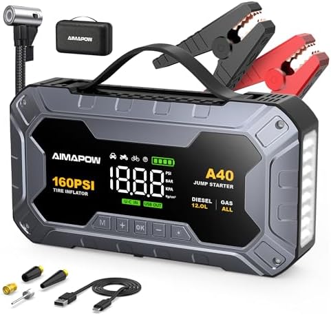 8000A & 160PSI Booster Avviamento Auto con Compressore Aria Portatile, Avviatore Batteria 27000mAH（Tutti Gas 12L Diesel）Jump Starter con 600LUMEN,Ricarica USB-C AIMAPOW