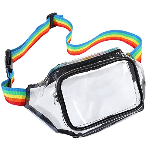 Veckle Clear Fanny Pack - Adjustable Rainbow Belt Bag for Women Men, Transparent Waist Bag Stadium Approved Clear Purse, Fits Travel, Beach, Events, Concerts Bag, Black