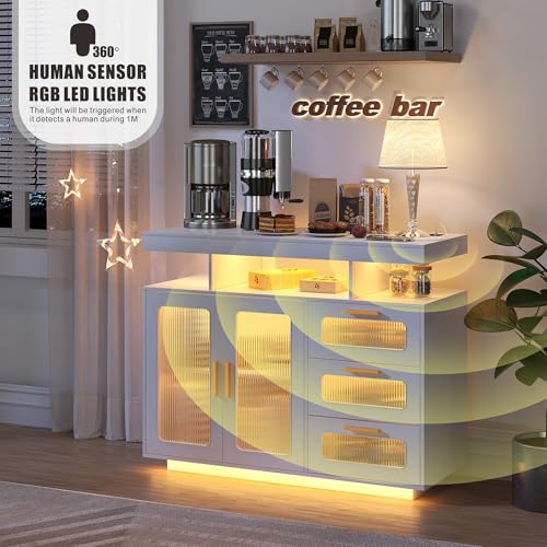 Coffee Bar Cabinet with Storage, Buffet Sideboard with RGB Light, Modern Coffee Bar Table with Charging Station