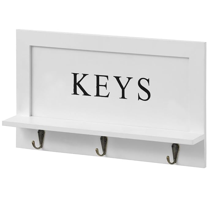 Büro – Holz Wand montiert 3 Haken SCHLÜSSEL Rack mit Ablage, weiß