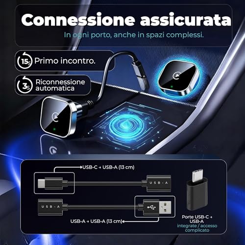 Tesorista Carplay Wireless 2 in 1 Mini 2026 Adapter, Android Auto Wireless with USB Plug & Play, Quick Reconnect ~3s, USB-A/USB-C and Hard Dongle for Hard Ports