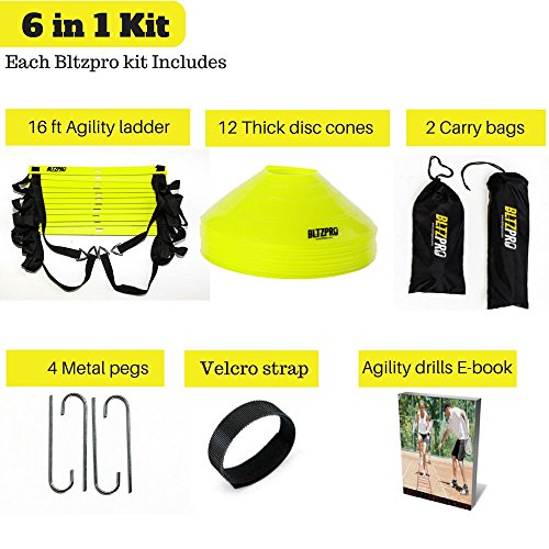 Bltzpro AGILITY LADDER with CONES Fitness Gear- Improve Soccer,Football & Sports Skills, Used by Athletes & Coaches.16ft| 12 Adjustable Rungs|12 Cones|2 Carry Bags|4 pegs|footwork drills ebook