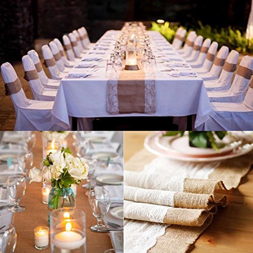 CCTRO Lace Hessian Table Runner, Rustic Natural Jute Country Outdoor Wedding Party Vintage Ivory Burlap Table Cloths Decoration 12x108 inches (2PCS C) - Thumbnail 4