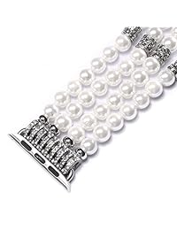 transhare hecho a mano beaded sintética Pearl adaptador elástico correa de recambio con Metal broche para Apple Watch de Series 3, Series 2, Serie 1, Deporte, Edtion, blanco (White   42mm)