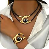DEVINOTE Vintage Leather Necklaces Bracelets Set Gold Silver Double-Layer Black Statement Necklaces Earrings Bracelet Rings Trendy Minimalist Jewelry Set for Women