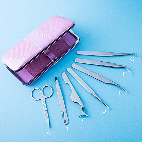 MissLytton Eyelash Extension Tweezers Kit, False Eyelash Applicator Tools, Stainless Steel Eyebrow Scissors Curved & Pointed Tip Tweezers Set for Applying Eyelids, Eyebrow, Ingrown Hair (Set of 7)