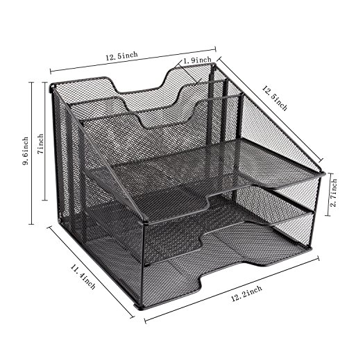 Samstar Mesh Desk File Organizer Letter Tray Holder, Desktop File Holder with 3 Paper Trays and 2 Vertical Upright Section, Black