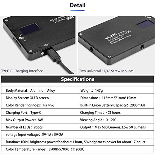 VIJIM DSLR LED Video Light on-Camera Dimmable Bi-Color 3200-5600K CRI 96+ Built-in 2800mAh Battery 96 Beads Magnetic Vlog Fill Lighting for Livestream YouTube - Thumbnail 7