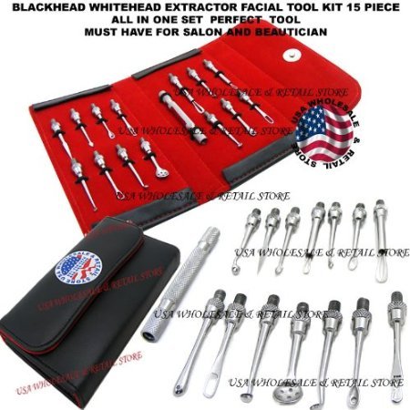15 Pcs Blackhead Whitehead Pimple Comedone Acne Extractor Facial Tool Kit for Esthetician Cosmetology Beauty Salon Students and Professionals